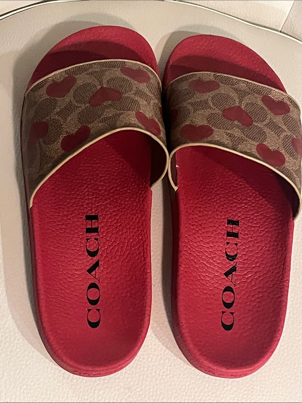 Coach Red Slide Sandals with Signature Heart Print Beautiful Eye Catching - Picture 6 of 10